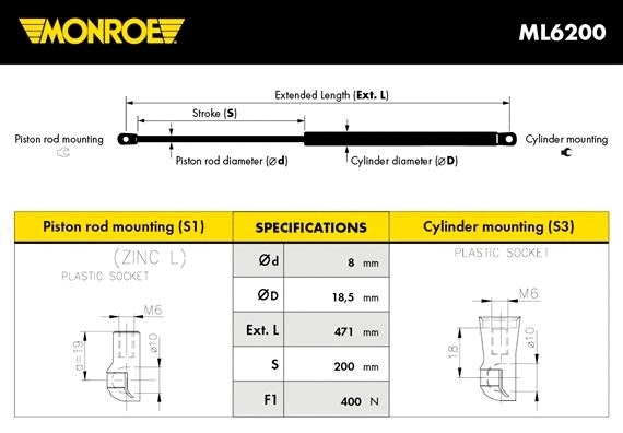 Bagažinės dujinė spyruoklė MONROE ML6200
