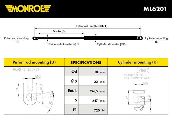 Bagažinės dujinė spyruoklė MONROE ML6201