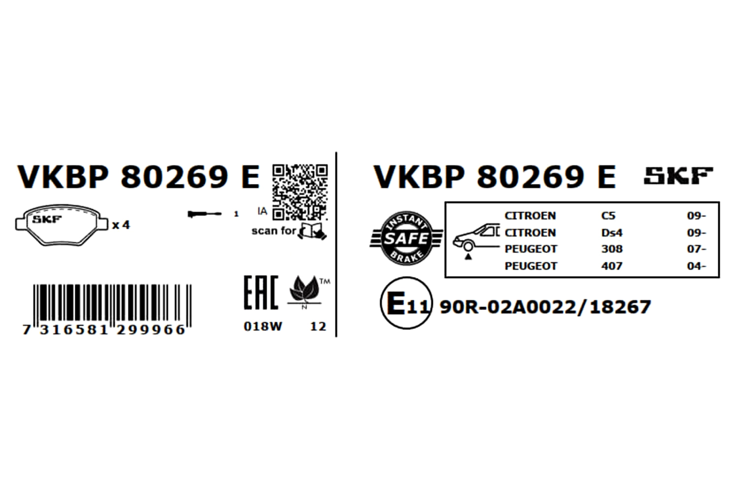 Diskinių stabdžių trinkelių rinkinys SKF VKBP 80269 E
