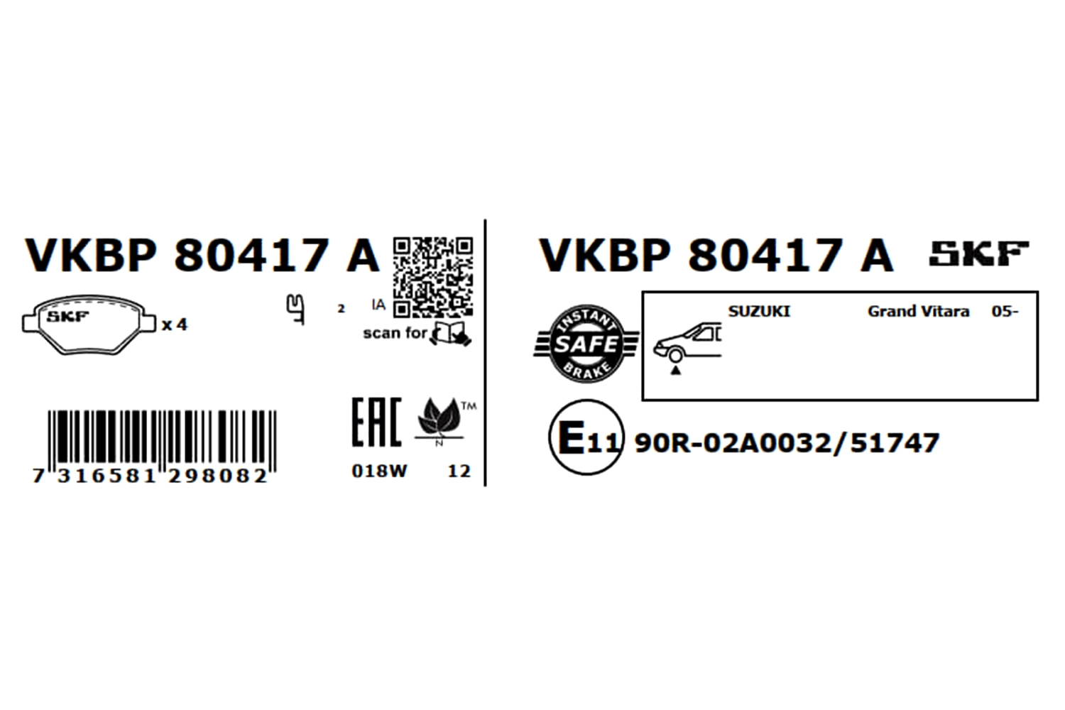Diskinių stabdžių trinkelių rinkinys SKF VKBP 80417 A