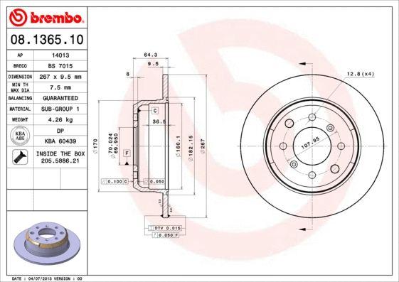 Stabdžių diskas BREMBO 08.1365.10