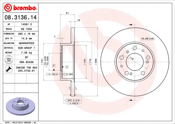 Stabdžių diskas BREMBO 08.3136.14