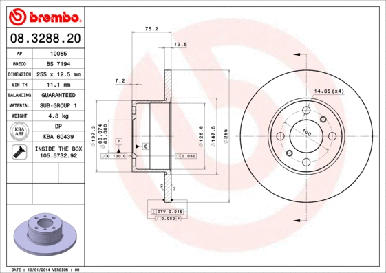 Stabdžių diskas BREMBO 08.3288.20