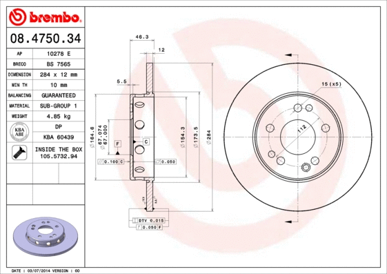 Stabdžių diskas BREMBO 08.4750.34