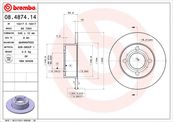 Stabdžių diskas BREMBO 08.4874.14