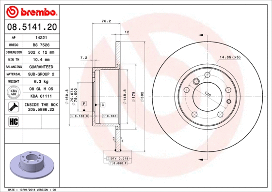 Stabdžių diskas BREMBO 08.5141.20