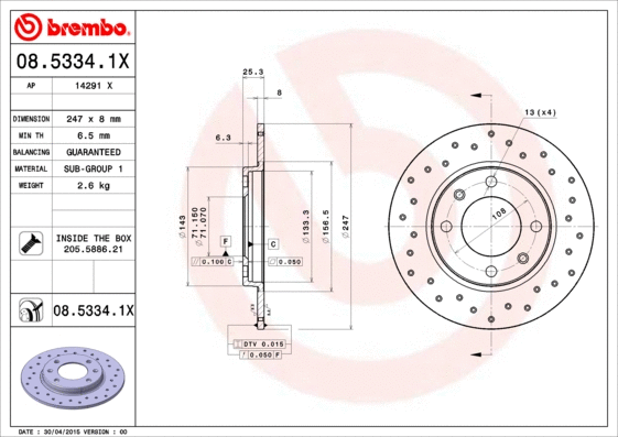 Stabdžių diskas BREMBO 08.5334.1X