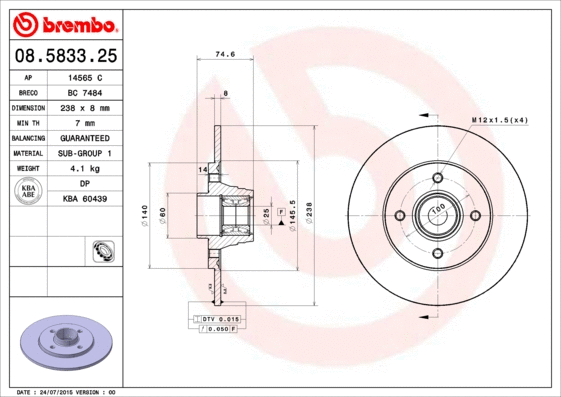 Stabdžių diskas BREMBO 08.5833.25