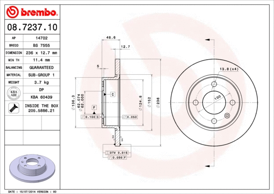 Stabdžių diskas BREMBO 08.7237.10