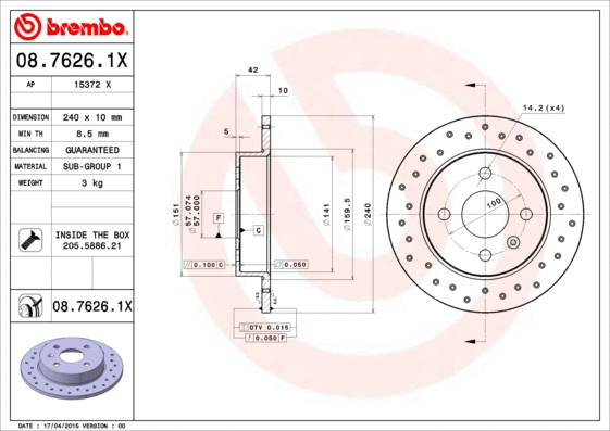 Stabdžių diskas BREMBO 08.7626.1X