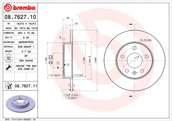 Stabdžių diskas BREMBO 08.7627.11