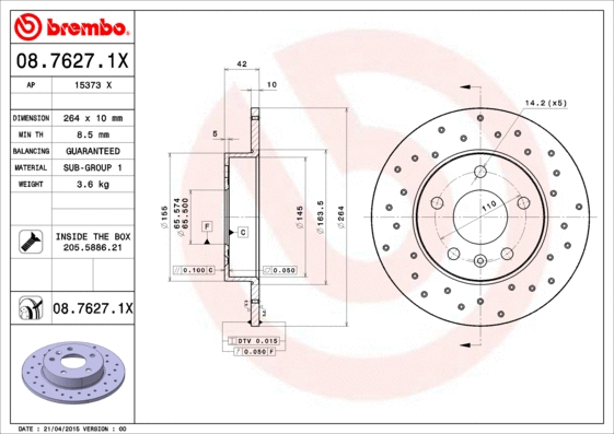 Stabdžių diskas BREMBO 08.7627.1X