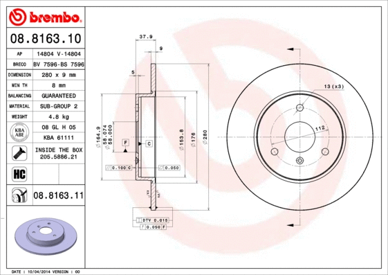Stabdžių diskas BREMBO 08.8163.11
