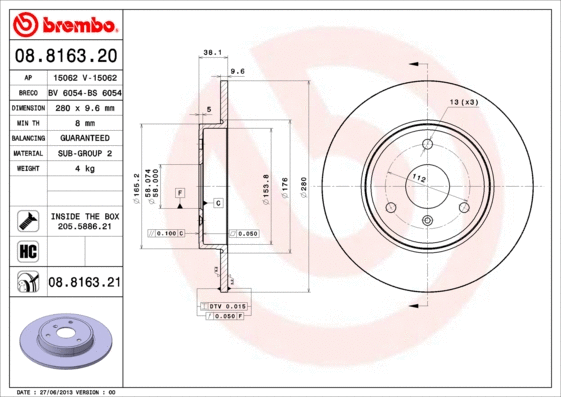 Stabdžių diskas BREMBO 08.8163.21
