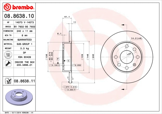 Stabdžių diskas BREMBO 08.8638.11