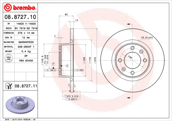 Stabdžių diskas BREMBO 08.8727.11