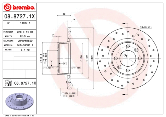 Stabdžių diskas BREMBO 08.8727.1X