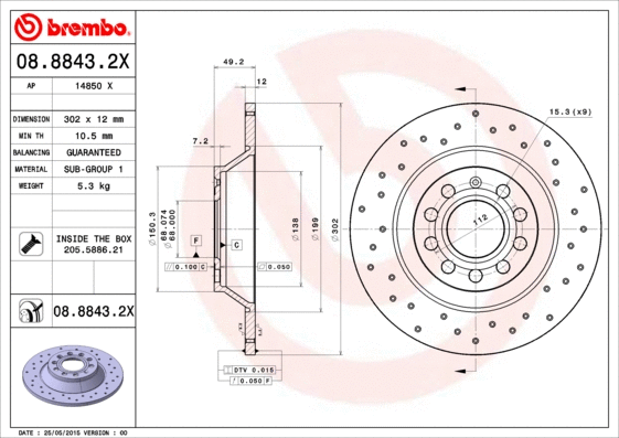 Stabdžių diskas BREMBO 08.8843.2X