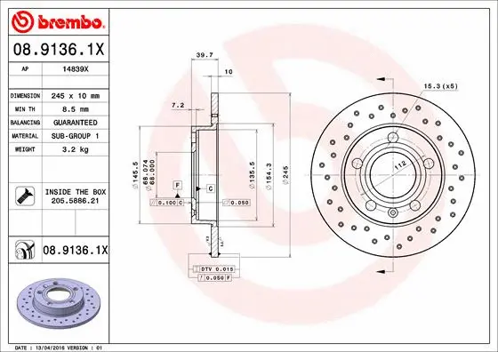 Stabdžių diskas BREMBO 08.9136.1X