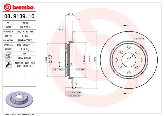 Stabdžių diskas BREMBO 08.9139.10