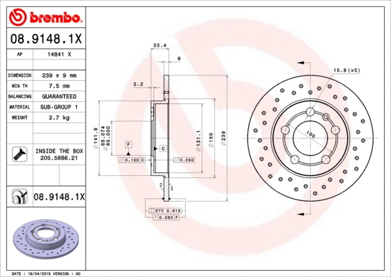 Stabdžių diskas BREMBO 08.9148.1X