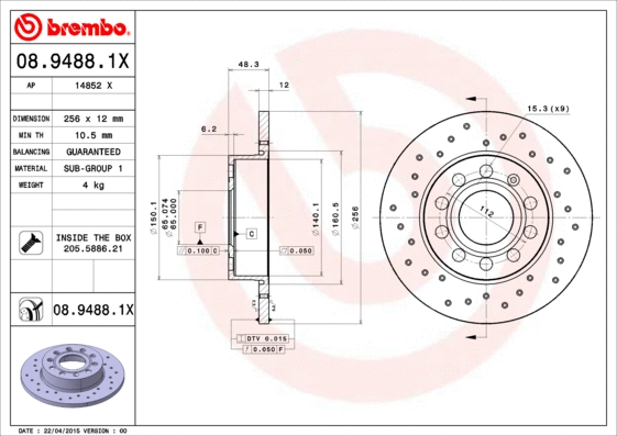 Stabdžių diskas BREMBO 08.9488.1X
