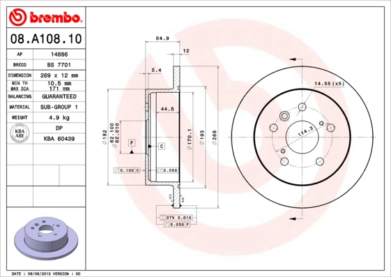 Stabdžių diskas BREMBO 08.A108.10