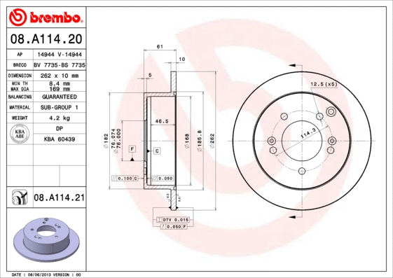 Stabdžių diskas BREMBO 08.A114.21