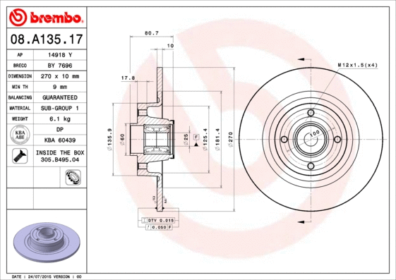 Stabdžių diskas BREMBO 08.A135.17