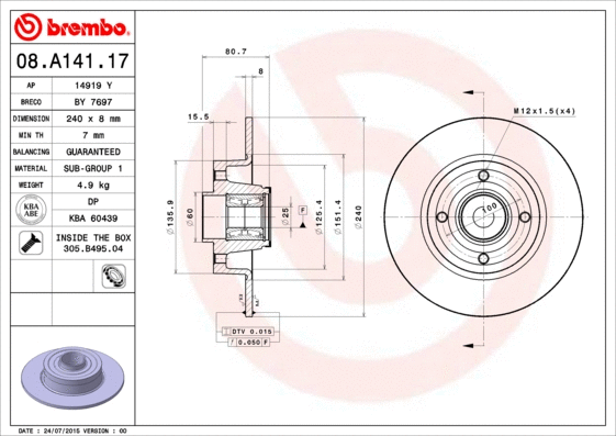 Stabdžių diskas BREMBO 08.A141.17