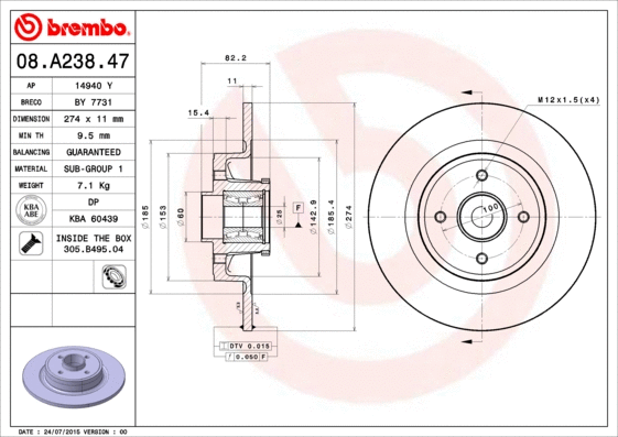 Stabdžių diskas BREMBO 08.A238.47