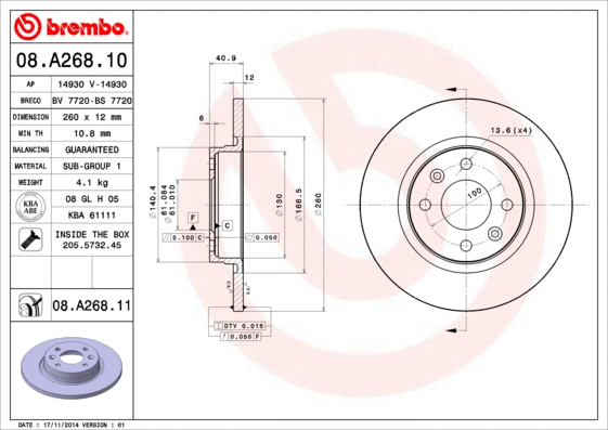 Stabdžių diskas BREMBO 08.A268.11