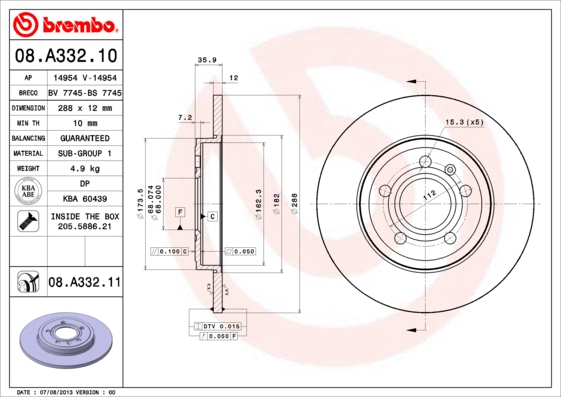 Stabdžių diskas BREMBO 08.A332.11