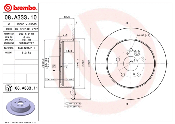 Stabdžių diskas BREMBO 08.A333.11