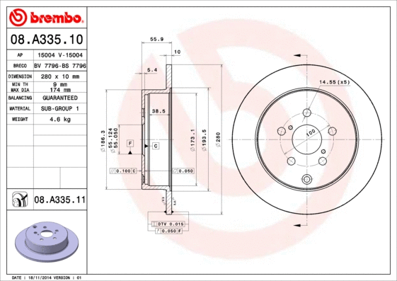 Stabdžių diskas BREMBO 08.A335.11