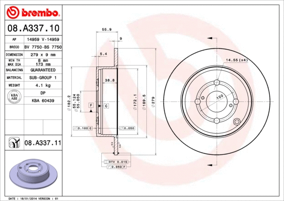 Stabdžių diskas BREMBO 08.A337.11