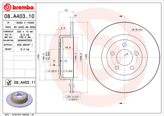 Stabdžių diskas BREMBO 08.A403.11