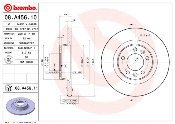 Stabdžių diskas BREMBO 08.A456.11