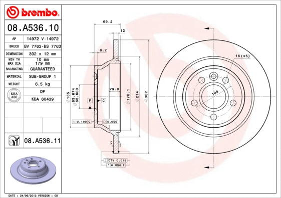 Stabdžių diskas BREMBO 08.A536.11