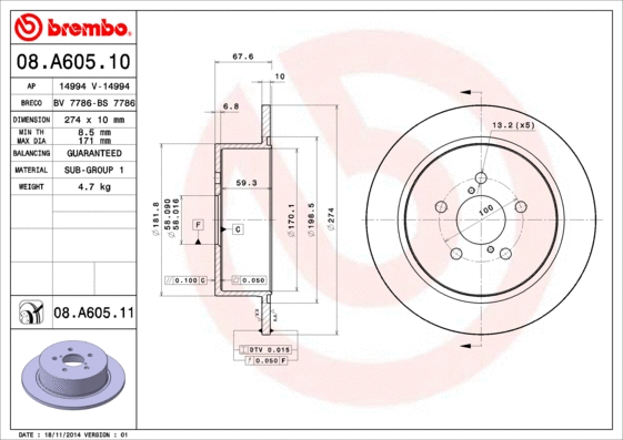 Stabdžių diskas BREMBO 08.A605.11