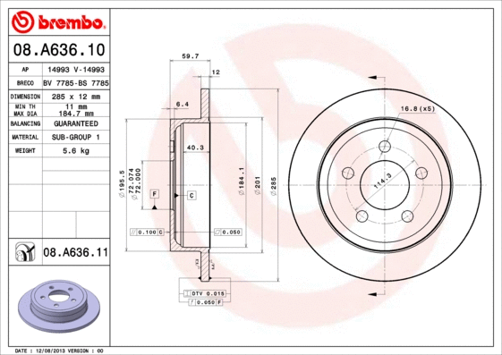 Stabdžių diskas BREMBO 08.A636.11