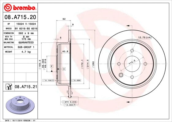 Stabdžių diskas BREMBO 08.A715.21