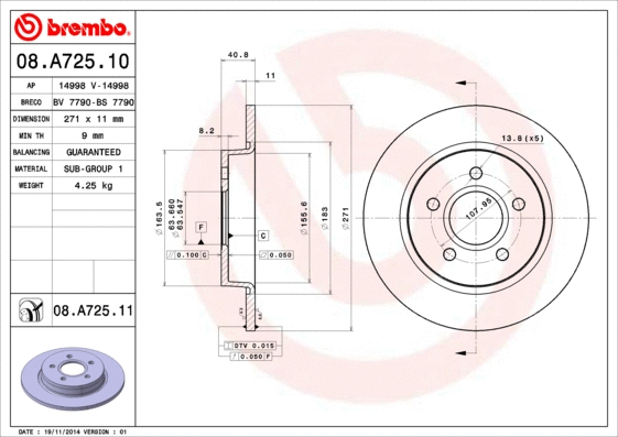 Stabdžių diskas BREMBO 08.A725.11