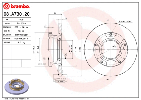 Stabdžių diskas BREMBO 08.A730.20