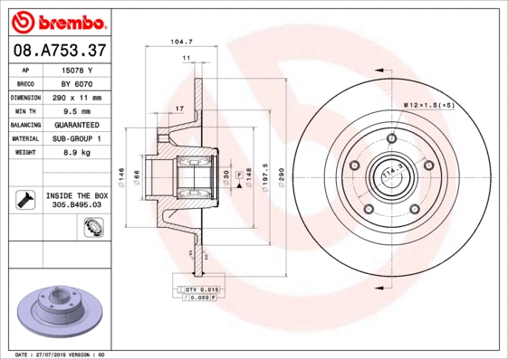 Stabdžių diskas BREMBO 08.A753.37
