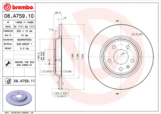 Stabdžių diskas BREMBO 08.A759.11