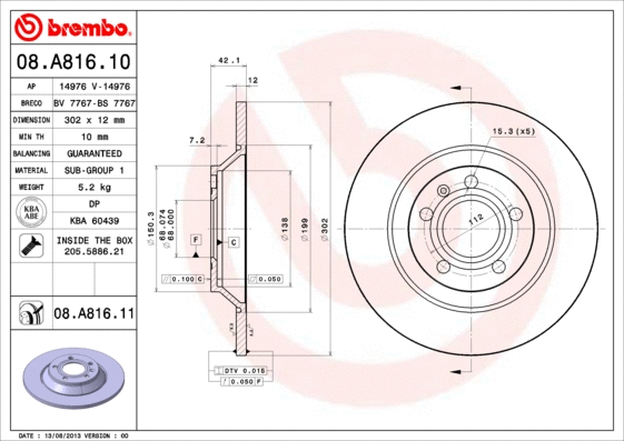 Stabdžių diskas BREMBO 08.A816.11