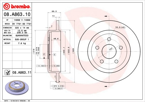 Stabdžių diskas BREMBO 08.A863.11