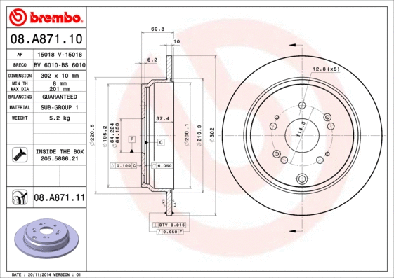 Stabdžių diskas BREMBO 08.A871.11