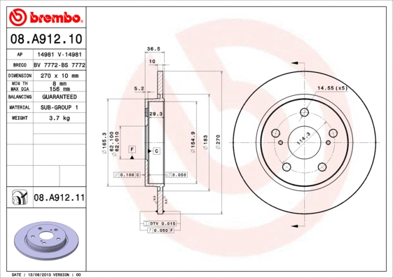 Stabdžių diskas BREMBO 08.A912.11